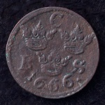 Rara Moeda Estrangeira, SUÉCIA, Valor 1/6 Ore, Ano 1666, Cobre, Soberba.