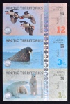 Folha sem Corte, " SPECIMEN ", Cédulas do TERRITÓRIO ÁRTICO, Valores 1 1/2; 3 1/2 e 12 Polar Dollars, Ano 2014,  Série A0000, Flor de Estampa.