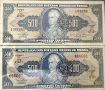 Raríssimo Conjunto de Cédulas Brasileiras, Numerações 000001 e 100000, Valor 500 Cruzeiros com Carimbo de 50 Centavos, Séries 1712ª e 1717ª, Período de Circulação 1967/1972, Flor de Estampas.
