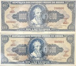 Raríssimo Conjunto de Cédulas Brasileiras, Numerações 000001 e 100000, Valor 1000 Cruzeiros com Carimbo de 1 Cruzeiro Novo, Séries 4373ª e 4481ª, Período de Circulação 1967/1972, Flor de Estampas.