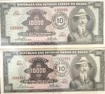 Raríssimo Conjunto de Cédulas Brasileiras, Numerações 000001 e 100000, Valor 10000 Cruzeiros com Carimbo de 10 Cruzeiro Novo, Séries 823ª e 1785ª, 1ª Estampa, Período de Circulação 1966/1973, Flor de Estampas.