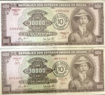 Raríssimo Conjunto de Cédulas Brasileiras, Numerações 000001 e 100000, Valor 10000 Cruzeiros com Carimbo de 10 Cruzeiro Novo, Séries 247ª e 754ª, 2ª Estampa, Período de Circulação 1967/1973, Flor de Estampas.