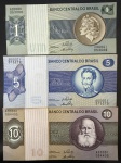 Cédulas Brasileiras, Série A00001, Valores 1; 5 e 10 Cruzeiros, Chancelas Antônio Delfim Neto/Ernane Galvêas, Flor de estampas.