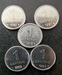 Coleção de Moedas Brasileiras, "SOJA", Valor 1 Centavo, Anos 1979; 1980; 1981; 1982 e 1983, Aço Inox, Flor de Cunhos.