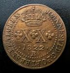 Moeda Brasileira, Reino Unido, Valor XX Reis, Ano 1822R (Casa da Moeda do Rio de Janeiro), Cobre, Soberba.