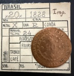 Moeda Brasileira, Império, Valor 20 Reis, Ano 1825R (Casa da Moeda do Rio de Janeiro), 24 Tulipas, Cobre, com Furo,  Muito Bem Conservada.
