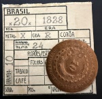 Moeda Brasileira, Império, Valor 20 Reis com Carimbo de 10, Ano 1828R (Casa da Moeda do Rio de Janeiro), 24 Tulipas, Cobre, Muito Bem Conservada.