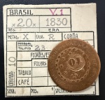 Moeda Brasileira, Império, Valor 20 Reis com Carimbo de 10, Ano 1830R (Casa da Moeda do Rio de Janeiro), 23 Tulipas, Cobre, Muito Bem Conservada.