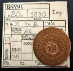 Moeda Brasileira, Império, Valor 20 Reis com Carimbo de 10, Ano 1830R (Casa da Moeda do Rio de Janeiro), 24 Tulipas, Cobre, Muito Bem Conservada.