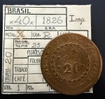 Moeda Brasileira, Império, Valor 40 Reis com Carimbo de 20, Ano 1826R (Casa da Moeda do Rio de Janeiro), 25 Tulipas, Cobre, Muito Bem Conservada.