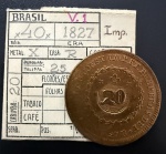 Moeda Brasileira, Império, Valor 40 Reis com Carimbo de 20, Ano 1827R (Casa da Moeda do Rio de Janeiro), 25 Tulipas, Cobre, Muito Bem Conservada.