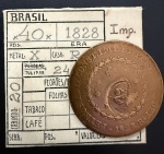 Moeda Brasileira, Império, Valor 40 Reis com Carimbo de 20, Ano 1828R (Casa da Moeda do Rio de Janeiro), 24 Tulipas, Cobre, Muito Bem Conservada.
