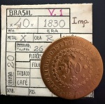 Moeda Brasileira, Império, Valor 40 Reis com Carimbo de 20, Ano 1830R (Casa da Moeda do Rio de Janeiro), 26 Tulipas, Cobre, Muito Bem Conservada.