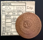 Moeda Brasileira, Império, Valor 80 Reis com Carimbo de 40, Ano 1830R (Casa da Moeda do Rio de Janeiro), 21 Tulipas, Cruz Oblíquo - Reverso Inclinado, Cobre, Muito Bem Conservada.
