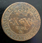 Moeda Brasileira, Reino Unido, Valor XX Reis, Ano 1820R (Casa da Moeda do Rio de Janeiro), Cobre, Muito Bem Conservada.