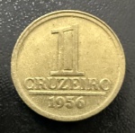 Moeda Brasileira, REVERSO INVERTIDO, Valor 1 Cruzeiro, Ano 1956, Brasão de Armas da República, Bronze Alumínio, Soberba.