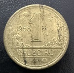 Moeda Brasileira, Valor 1 Cruzeiro, Ano 1956, Mapa do Brasil, Bronze Alumínio, MBC/Soberba.