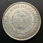 Moeda Brasileira, Império, Valor 500 Reis, Ano 1852, Prata, Peso 6,3 g, MBC/Soberba.
