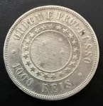 Moeda Brasileira, República, Valor 1000 Reis, Ano 1889, Prata, Peso 12,75 g, Muito Bem Conservada.