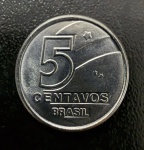 Moeda Brasileira, Valor 5 Centavos, Ano 1990, Aço Inox, Flor de Cunho.