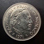Moeda Estrangeira, MÔNACO, Valor 5 Francos, Ano 1971, Níquel, Flor de Cunho.