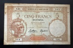Cédula Estrangeira, NOUMÉA - Banco de Indochina, Valor 5 Francs, Data 1926, Muito Bem Conservada.