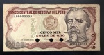 Rara Cédula Estrangeira, PERU, "MUESTRA", Valor 5000 Soles de Oro, Data 05/11/1981, Muito Bem Conservada.