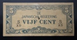 Cédula Estrangeira, ÍNDIA HOLANDESA, Ocupação Japonesa, Valor 5 Cents, Data 1942, Muito Bem Conservada.