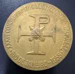 Medalha Comemorativa, XXXVI Congresso Eucarístico Internacional - Papa Pio XII - Rio de Janeiro 1955 , Bronze Dourado, Diâmetro 30 mm, Flor de Cunho.