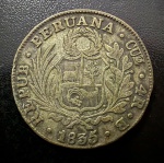Moeda Estrangeira, PERU, Valor 4 Reales, Ano 1835 B (Cuzco), Prata, Peso 13 g, Muito Bem Conservada.