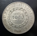 Moeda Brasileira, Império, Valor 1000 Reis, Ano 1860, Prata, Peso 12,75 g, Soberba.