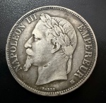 Moeda Estrangeira, FRANÇA, Napoleão III, Valor 5 Francos, Ano 1868, Prata, Peso 25 g, Diâmetro 37 mm, Muito Bem Conservada.