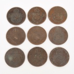 NUMISMÁTICA, Brasil, Império, nove (9) moedas cunhadas em bronze de 20 reis 1869, todas circuladas e em boas condições, vide foto.