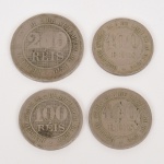 NUMISMÁTICA, Brasil, Império, quatro (4) moedas cunhadas em Cu-Ni, sendo: 3 de 100 reis 1871 (2) e 1888; 1 de 200 reis 1887, todas em bom estado de conservação ou mais, vide foto.