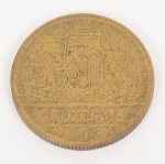 NUMISMÁTICA, Brasil, República, uma (1) moeda de 5 cruzeiros  1943 (ESCASSA), cunhada em Br-Al, circulada e em muito bom estado de conservação ou mais, vide foto.