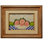 ELYSITO - Estilo Naif  Natureza Morta com Flores em Mesa com toalha xadrez azul e branca, situada em uma paisagem campestre. Ass. cid. 27 x 39 cm (MI). 53 x 66 cm (MT). Acervo Particular Maria Anna do Valle Pereira, SP.