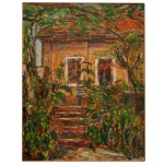 JESUINO - Cena de Paisagem com casa de estilo expressionista figurativo. Óleo s/ eucatex. Ass. e datado 95, cid. 92 x 70 cm. Luminária de chão em latão dourado. Apresenta haste articulada e cúpula de tecido. 160 x 50 x 30 cm. Acervo Particular MAVP.