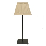 Luminária de mesa em ferro de cor preto com cúpula plissada clara e base quadrada metálica. 56 x 20 x 20 cm (MT). 15 x 20 x 20 cm (cúpula). Acervo Particular Maria Anna do Valle Pereira, SP.