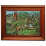 JESUINO LEITE RIBERIO (1935 Brasil / Minas Gerais / Guaxupé, 1935  2012) - Floresta - Paisagem natural com folhagens em tons de verde e marrom. Óleo s/ eucatex. Ass. e datado 1974, cid. 47 x 67 cm (MI). 72 x 192 cm (ME). Pintura de paisagem texturizada, que apresenta um estilo artístico expressivo com pinceladas marcantes. A composição retrata uma densa vegetação e árvores em tons de verde, marrom e rosa, emoldurada com rara madeira amazônica que não pega fogo. Luminária de chão em latão dourado. Apresenta haste articulada e cúpula de tecido. 160 x 50 x 30 cm. Acervo Particular MAVP.