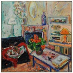 ALBERTO NICOLAU - Natureza Morta. Óleo s/ tela. Ass. e datadas de 1997. 100 x 100 cm. O ambiente doméstico, a lareira, a cadeira vermelha, os livros e a iluminação criam uma atmosfera intimista. O quadro exibe uma forte influência do movimento pós-impressionista destacando tons intensos de vermelho, verde e laranja em contraste com os planos de fundo texturizados. A técnica emprega pinceladas visíveis e contornos livres, conferindo dinamismo e uma atmosfera acolhedora e intimista típica dos anos em que o artista viveu e produziu na França. Nascido em Belém do Pará, o artista viveu por mais de duas décadas em Paris antes de retornar ao Brasil, mantendo seu ateliê no estado de São Paulo. Suas obras são frequentemente comercializadas em renomadas casas de leilão nacionais e internacionais Acervo Particular Maria Anna do Valle Pereira, SP.