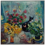 ALBERTO NICOLAU  Natureza Morta com Gato Preto. Óleo s/ tela. Ass. e datadas de 1997. 100 x 100 cm. O gato preto cria um ponto focal muito forte, enquanto as flores e o fundo azul-esverdeado revelam uma pintura extremamente espontânea. Flores, ambientes internos e animais de estimação (como gatos em meio a vasos) são elementos recorrentes em sua trajetória artística, gerando composições de grande apelo estético e sinestésico. O trabalho de Alberto Nicolau é fortemente marcado pelo expressionismo, com o uso de cores intensas, vibrantes e pinceladas fluidas e enérgicas. Há uma clara influência de mestres franceses como Henri Matisse e Pierre Bonnard na maneira como ele organiza os arranjos florais e contrasta a luz.  Nascido em Belém do Pará, o artista viveu por mais de duas décadas em Paris antes de retornar ao Brasil, mantendo seu ateliê no estado de São Paulo. Suas obras são frequentemente comercializadas em renomadas casas de leilão nacionais e internacionais. Acervo Particular Maria Anna do Valle Pereira, SP.