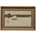 "Field in the Snow" (Campo na Neve). Óleo s/ eucatex. 30 x 48 cm (MI). 44 x 62 cm (ME). A obra retrata uma serena paisagem invernal com uma extensão de neve branca no primeiro plano, destacando palheiros (stozhki) cobertos de neve e uma linha escura de árvores e arbustos ao fundo sob um céu claro e neutro. Caracteriza-se pelo realismo expressivo de Repin, capturando a atmosfera fria e silenciosa do campo através de pinceladas texturizadas e uma paleta contida de tons brancos, cinzas e azulados. Acervo Particular Maria Anna do Valle Pereira, SP.