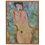TITO DE ALENCASTRO (Rio de Janeiro, 1934 - São Paulo, 1999) - Nu Feminino com traços expressionistas marcantes. Óleo s/ tela. 70 x 50 cm (MI). 75 x 53 cm (ME). A tela captura a forte influência e a bagagem teatral do artista, que além de pintor e cenógrafo, também atuou ativamente como cantor lírico. Suas pinceladas vigorosas e texturizadas transmitem a dramaticidade de uma performance musical em andamento. Nascido no Rio de Janeiro, José Tito Regis de Alencastro foi um artista completo. Atuou como pintor, desenhista, gravador, mosaicista, cenógrafo e até cantor lírico. Acervo Particular MAVP.