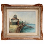 N. M. OSBORNE. Escola Inglesa. Pintor Viajante do séc. XX - Rio de Janeiro, Restaurante Albamar, Praça Quinze. Óleo s/ tela. Ass cid. 33 x 45 cm (MI). 48 x 60 cm (ME). Emoldurado em madeira trabalhada de época. Representação da Praça XV de Novembro e do antigo calçadão no Rio de Janeiro, destacando a arquitetura clássica com cúpula e a faixa litorânea.
