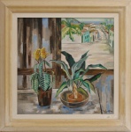 JOHN GRAZ (Suiça,  1891- 1980) - Natureza Morta e Janela. Óleo s/ tela. Ass. e datado 1979, cid. 70 x 70 cm (MI). 95 x 95 cm (MT). Pintor, escultor, designer e decorador suíço-brasileiro. Como pintor, John Graz foi um dos principais responsáveis por romper com o academicismo tradicional no Brasil, trazendo a vanguarda europeia para as telas e afrescos nacionais. Sua pintura evoluiu do aprendizado suíço até se fundir completamente com a identidade visual do Modernismo brasileiro. Suas telas aplicavam a estilização e a fragmentação do Cubismo e do Futurismo, resultando em composições dinâmicas, com forte senso de movimento e ritmo. Abandonou as cores sombrias da pintura acadêmica tradicional em favor de uma paleta vibrante, influenciada pelo Fauvismo e pelas cores tropicais do Brasil.