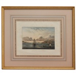 EUGENIO RODRIGUEZ - "ENTRATA DELLA BAIA DI RIO JANEIRO" - Vista da Entrada da Baía de Guanabara, no Rio de Janeiro, com embarcações e o Pão de Açúcar ao fundo. Gravura em aço aquarelada criada por Eugenio Rodriguez em 1857 e publicada em Nápoles no Atlante della Guida Generale per la navigazione delle coste settentrionali ed orientali dell'America del Sud. 30 x 37 cm (MI). 55 x 63 cm (IME).
