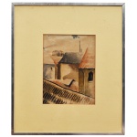 SANTA ROSA (João Pessoa, Paraíba, 1909 - Nova Délhi, Índia, 1956)  Vista em perspectiva de um telhado inclinado em primeiro plano com edifícios e chaminés ao fundo sob um céu nublado. Aquarela sobre papel. Ass cid. 20 x 14 cm (MI). 37 x 32 cm (ME). Emoldurada com passe-partout bege e moldura metálica. Ilustrador, artista gráfico, cenógrafo, pintor, decorador, figurinista, gravador, professor e crítico.