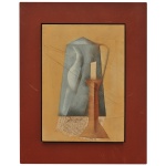 CARLOS SCLIAR (Santa Maria, RS, 1920 - RJ, 2001)  Bule Azul e Castiçal. Vinil e colagem encerados s/ tela. Ass. e localizado Cabo Frio, RJ 28.7.90, no verso. 37 x 26 cm (MI). 52 x 40 cm (ME). Pintor, gravador, desenhista, ilustrador, cenógrafo, roteirista e designer gráfico. Destaca-se por ser um dos pioneiros da arte moderna no Brasil. Sempre à procura de novas formas de produzir, cria obras inicialmente de arte figurativas, passa a testar outros estilos e experimenta diversos tipos de suporte, destacando-se na gravura e na ilustração em papel.
