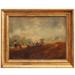 Escola Europeia - Cena Campestre de Colheita. Óleo s/ tela. Ass cid. 35 x 46 cm (MI). 46 x 57 cm (ME). Retrata uma paisagem rural europeia com figuras humanas trabalhando na lavoura e bois arando ou puxando carroça. Moldura em madeira trabalhada com acabamento dourado. No verso carimbo da Florentina Galeria de Arte" em Curitiba