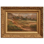 CARLOS VITTORI (1881 - 1943). Escola Italiana  Paisagem Rural com Casarios e Igreja ao Fundo. Óleo s/ cartão. Ass. cid. 26 x 40 cm (MI). 60 x 50 cm (ME). Obra emoldurada em madeira dourada e entalhada,